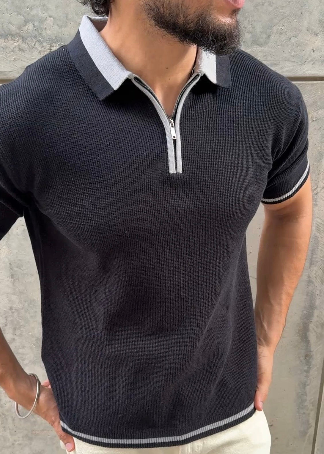 Jet Black Tipped Zip Polo Shirt
