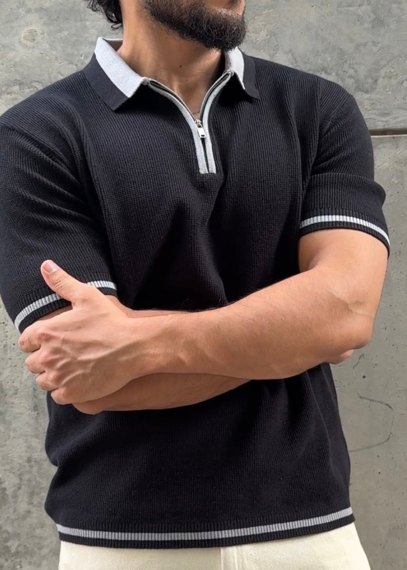 Jet Black Tipped Zip Polo Shirt