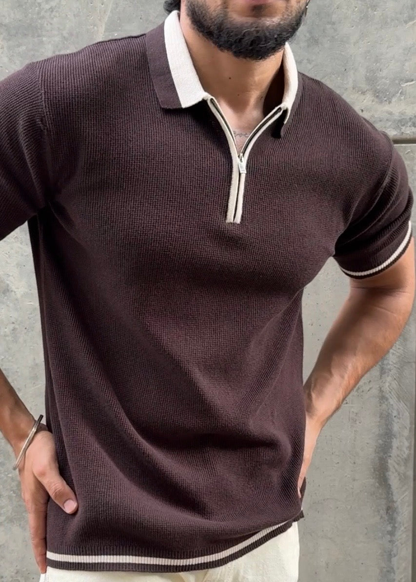 Dark Chocolate Tipped Zip Polo Shirt