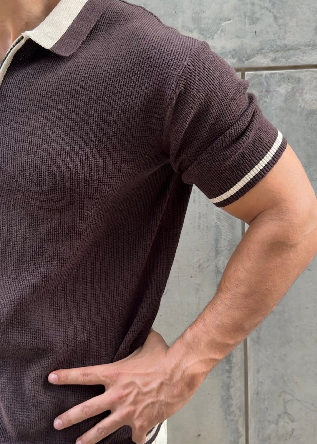Dark Chocolate Tipped Zip Polo Shirt