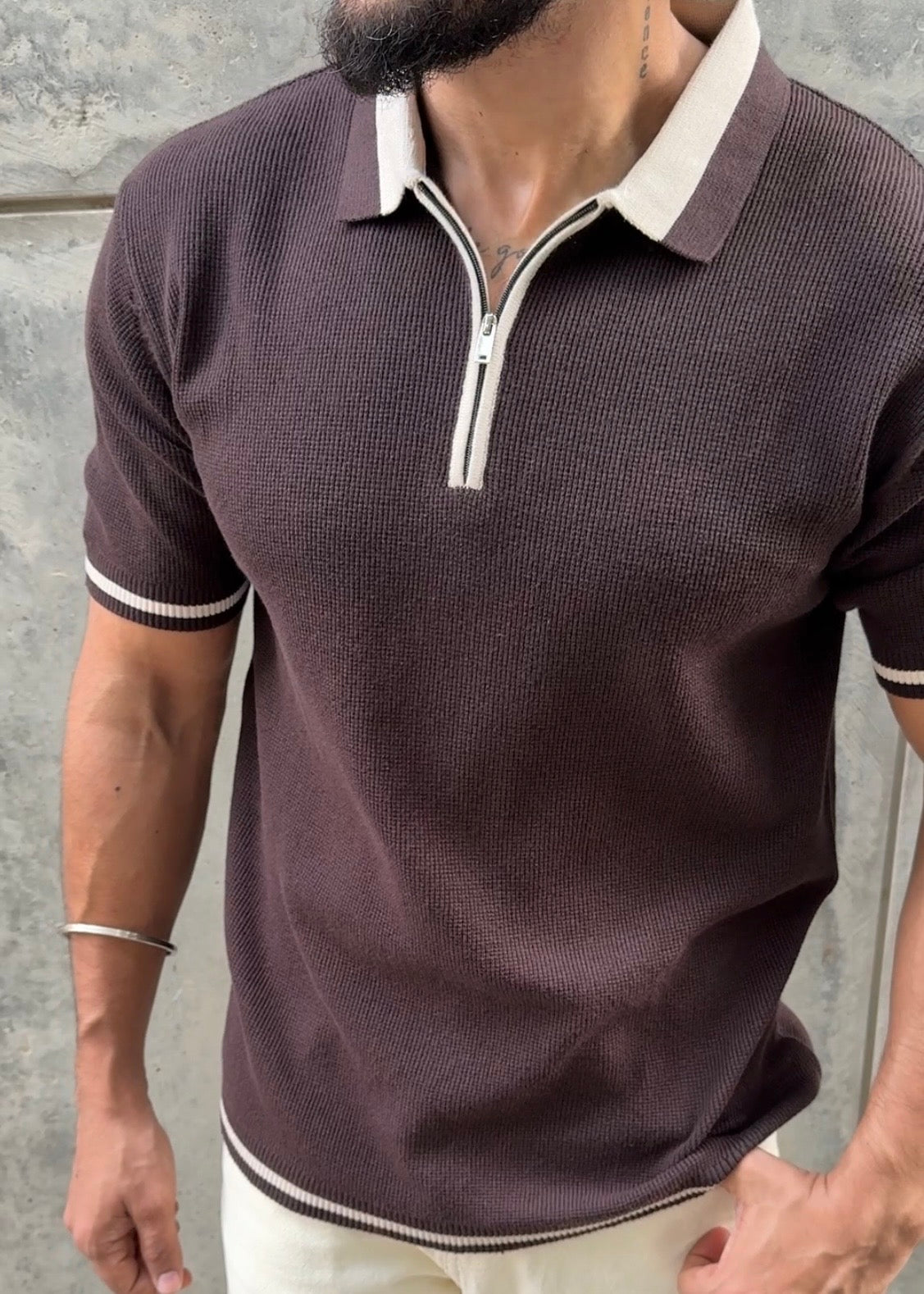 Dark Chocolate Tipped Zip Polo Shirt