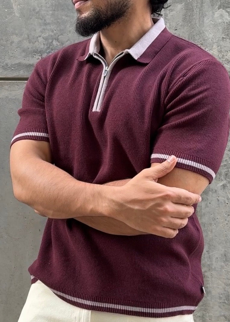 Wine Lilac Tipped Zip Polo Shirt