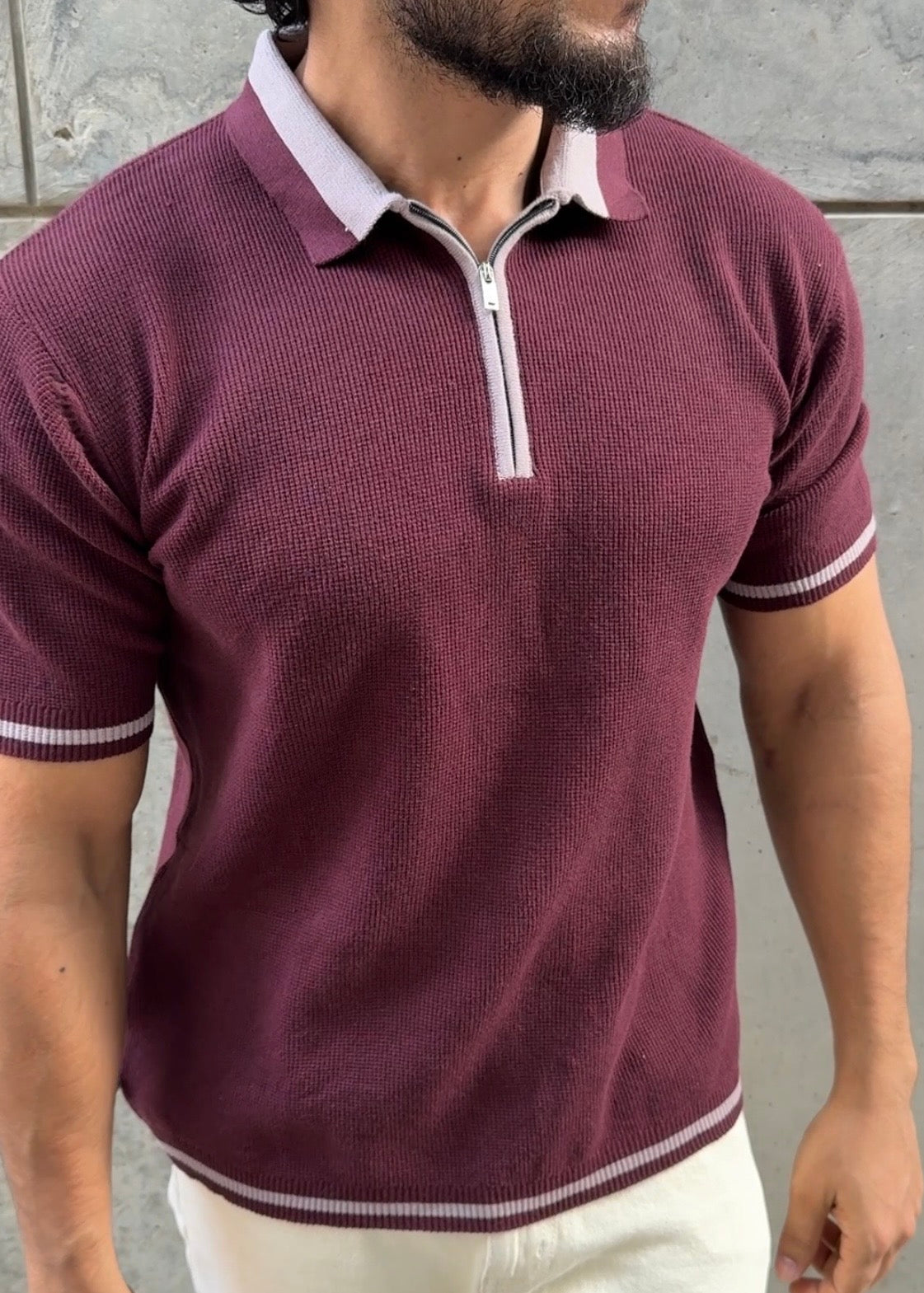 Wine Lilac Tipped Zip Polo Shirt