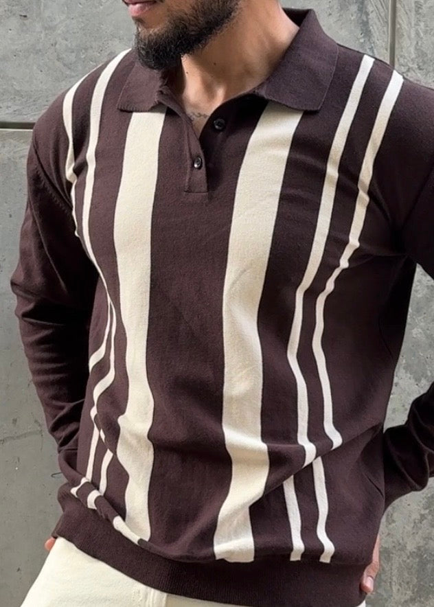 Brown Ivory Vertical Stripe Knit Polo