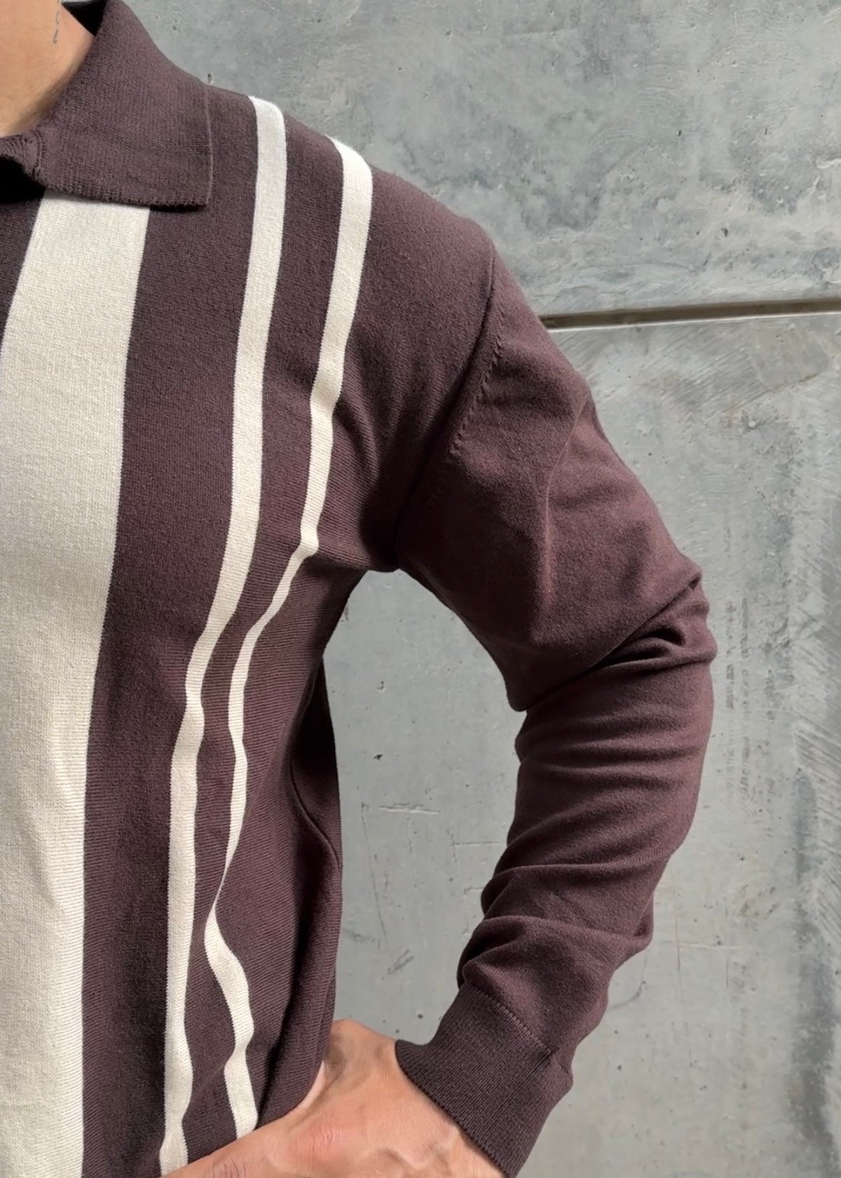 Brown Ivory Vertical Stripe Knit Polo