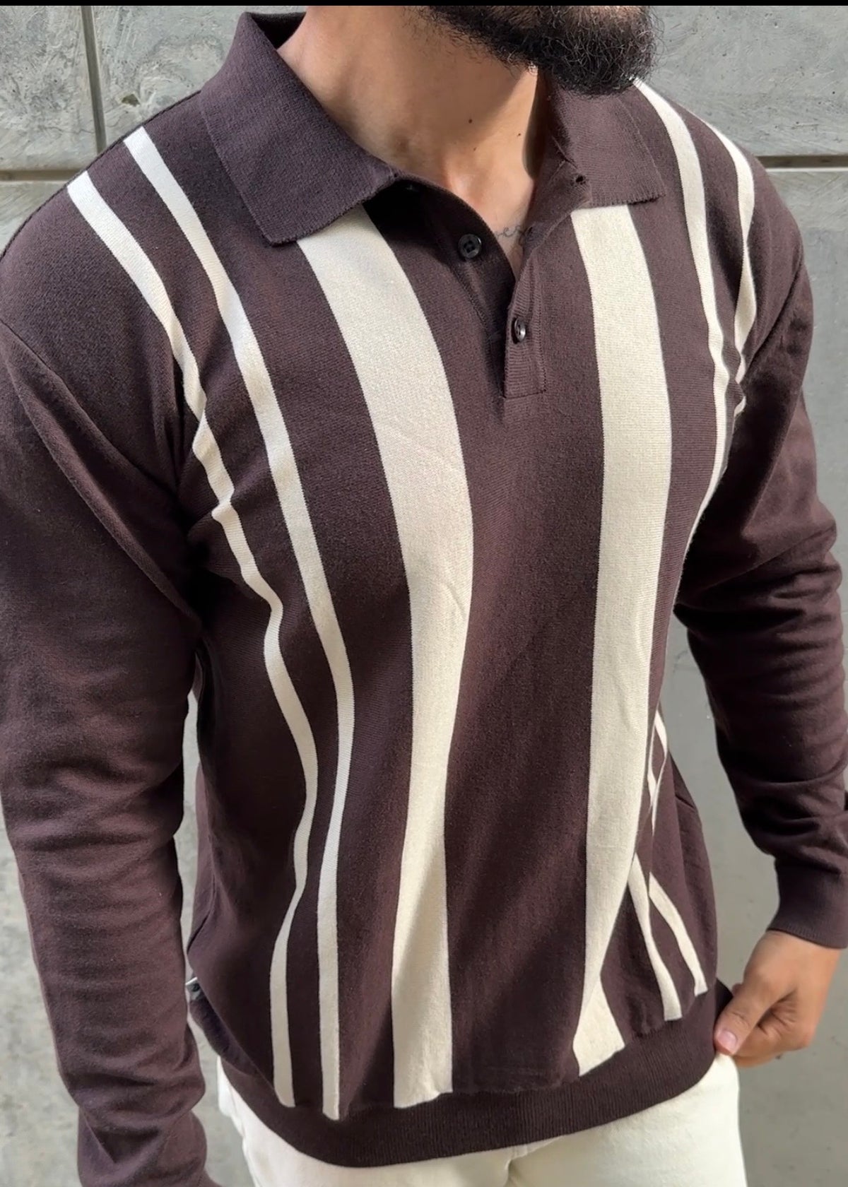 Brown Ivory Vertical Stripe Knit Polo