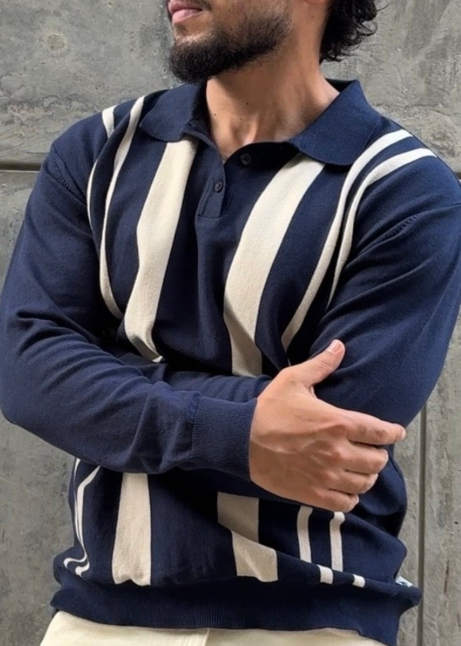 Navy Ivory Vertical Stripe Knit Polo