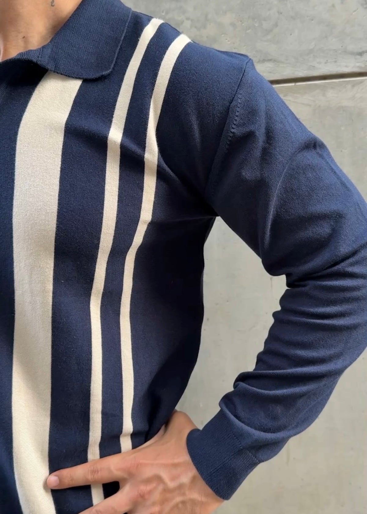 Navy Ivory Vertical Stripe Knit Polo