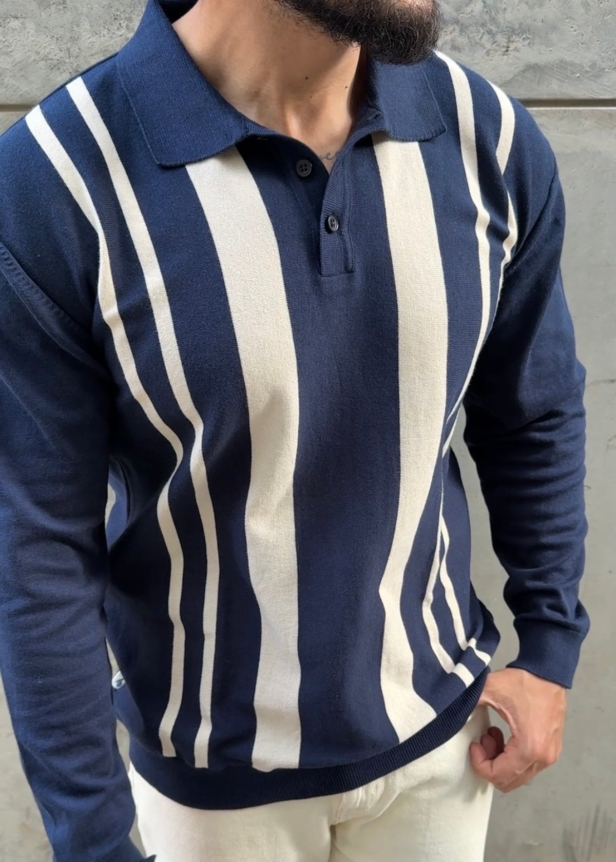 Navy Ivory Vertical Stripe Knit Polo