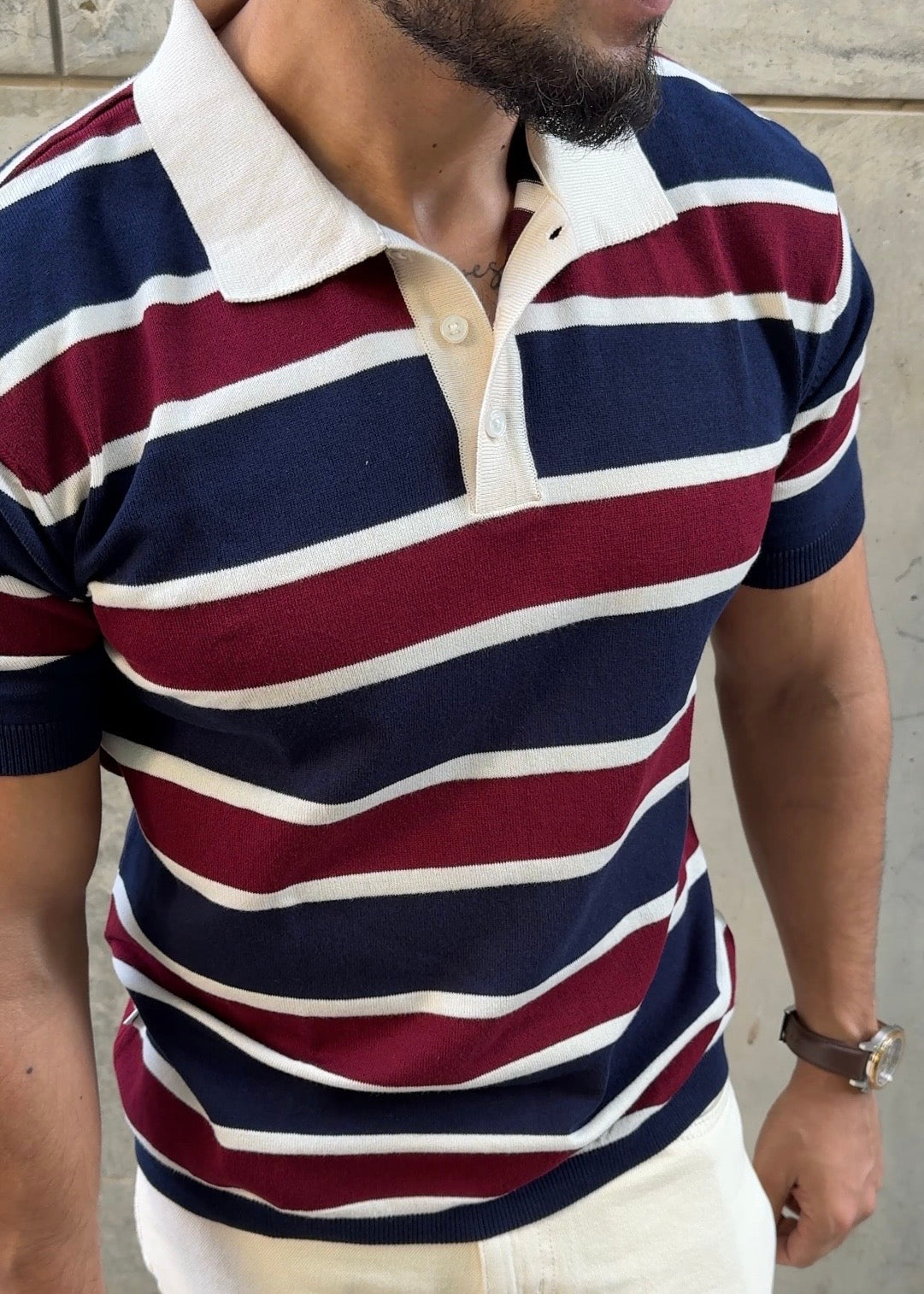 Navy Maroon Multi Stripe Knit Polo Shirt