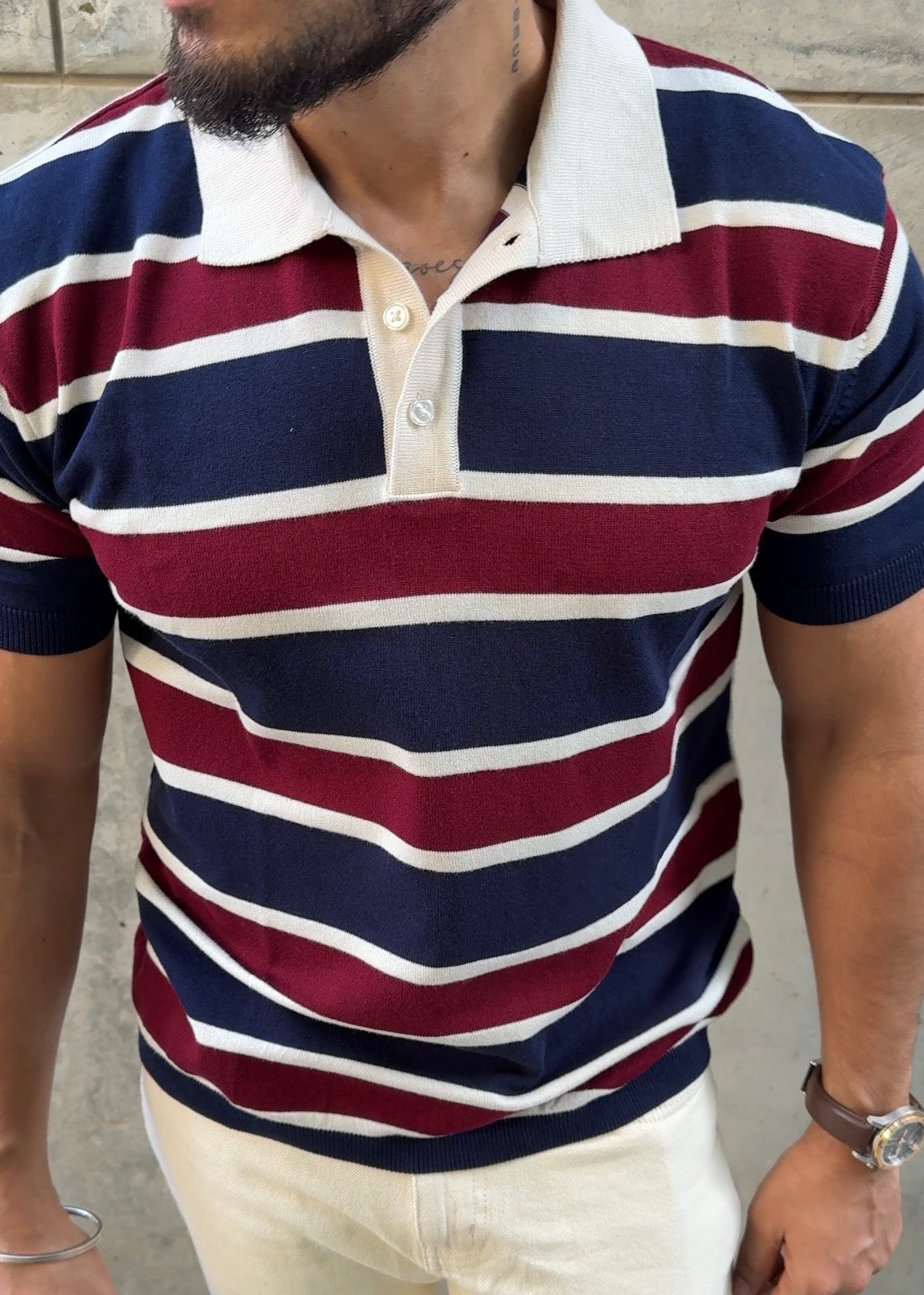 Navy Maroon Multi Stripe Knit Polo Shirt